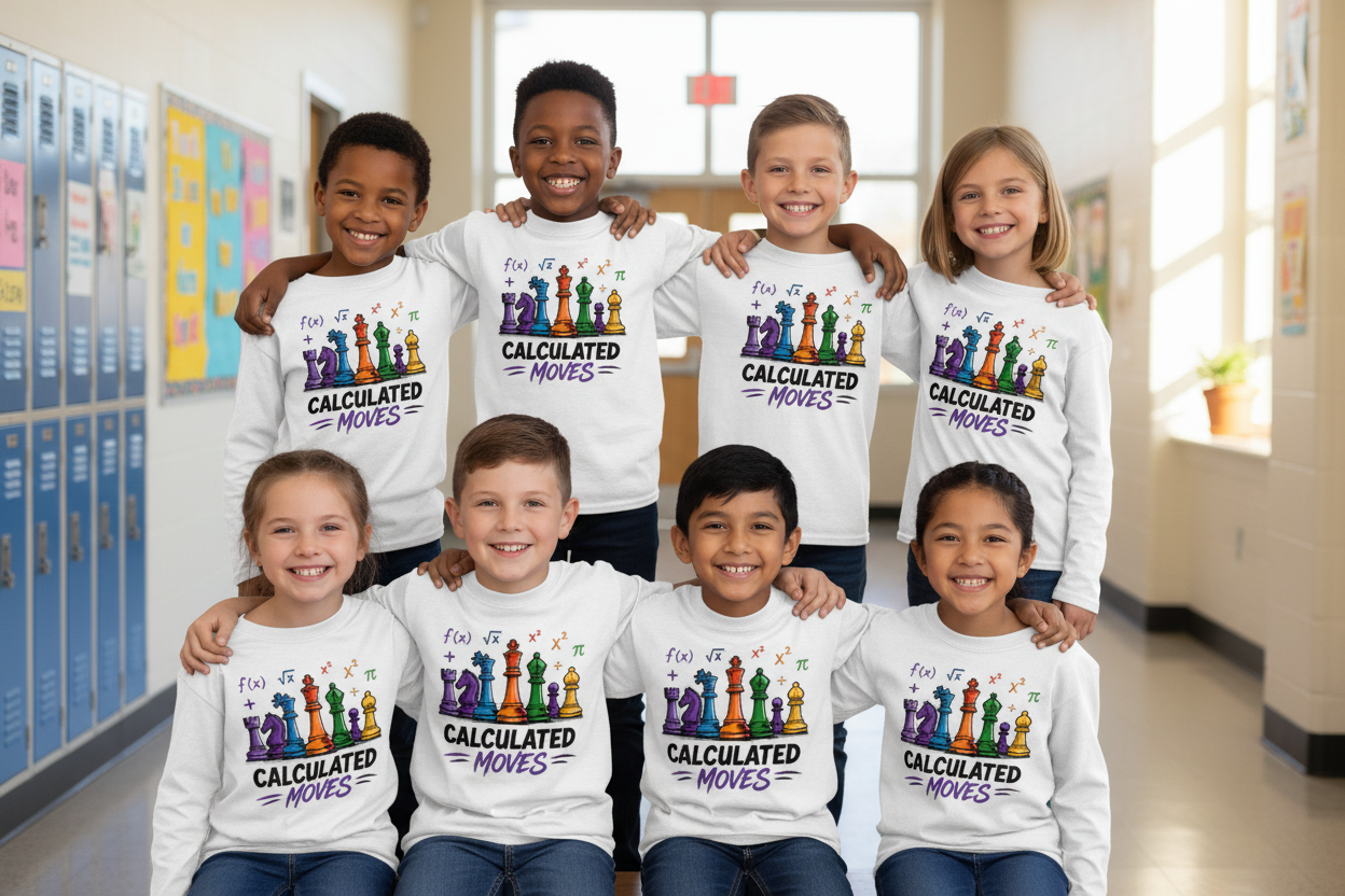 Chess team posing in matching Calculated Moves long sleeve shirts