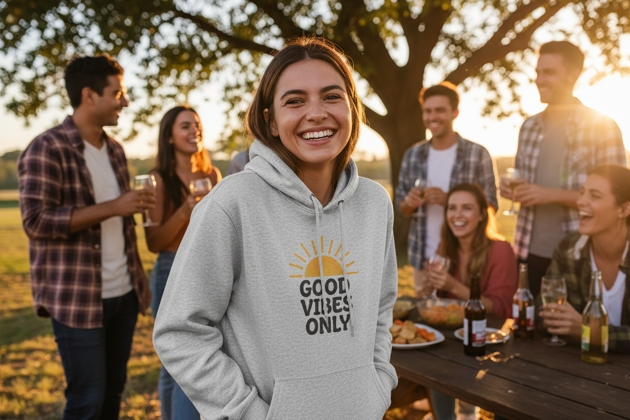 Woman wearing custom printed t-shirt at outdoor gathering
