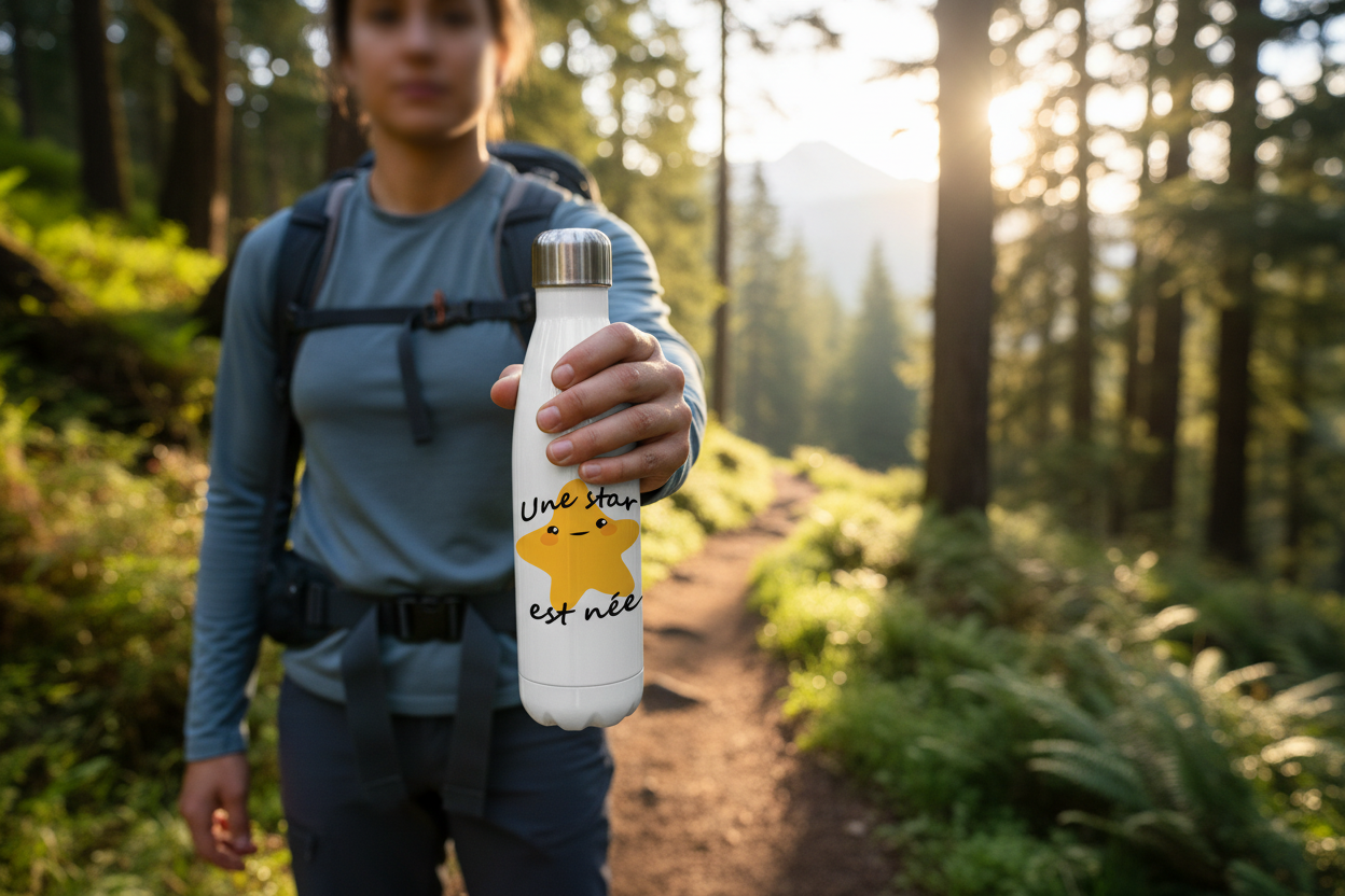 Custom printed water bottle held on a hiking trail