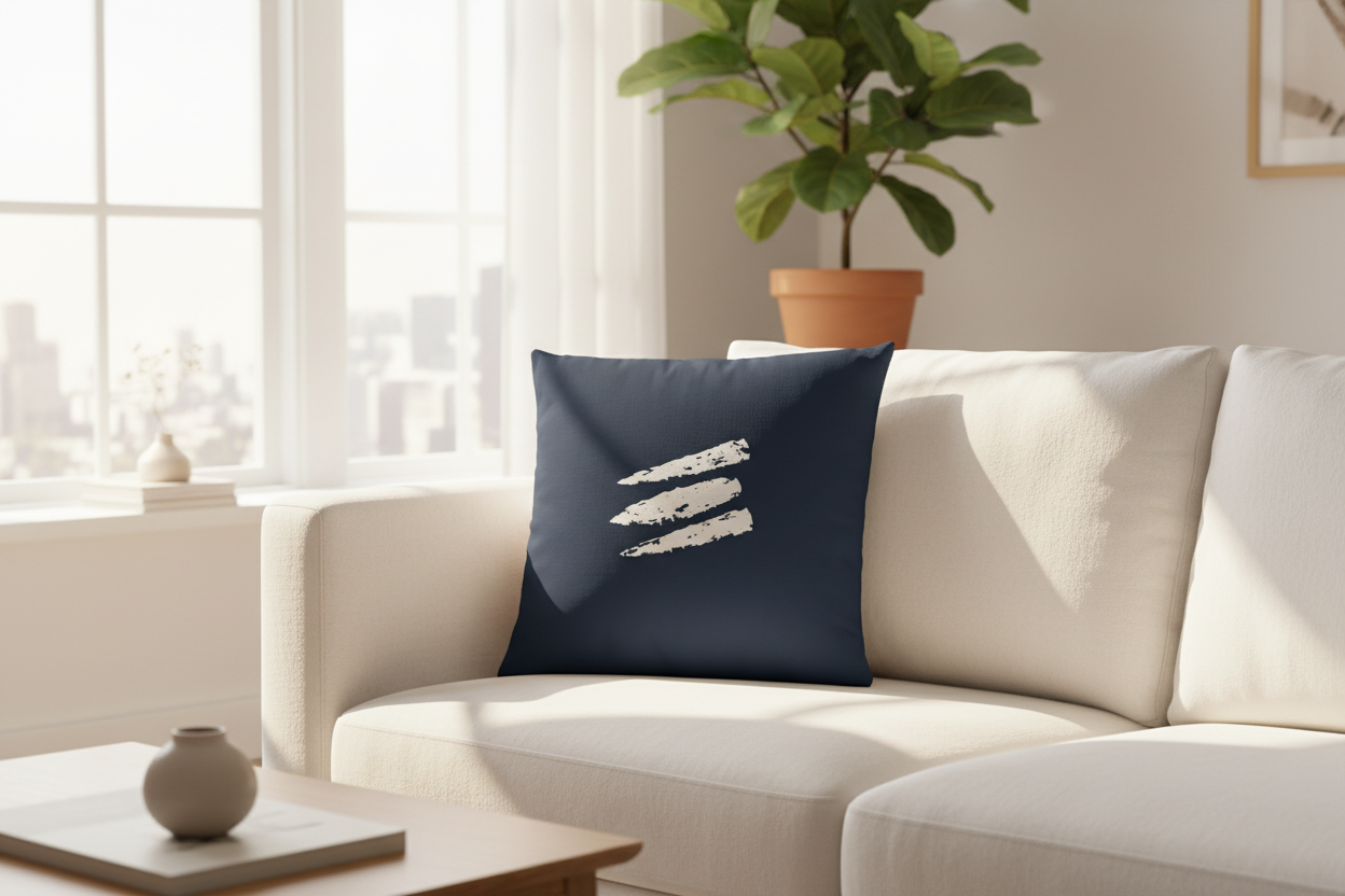 Custom printed throw pillow on a white sofa in a bright living room