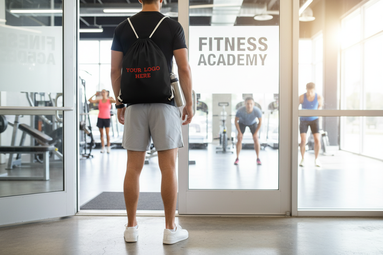 Custom printed cotton drawstring bag at the gym