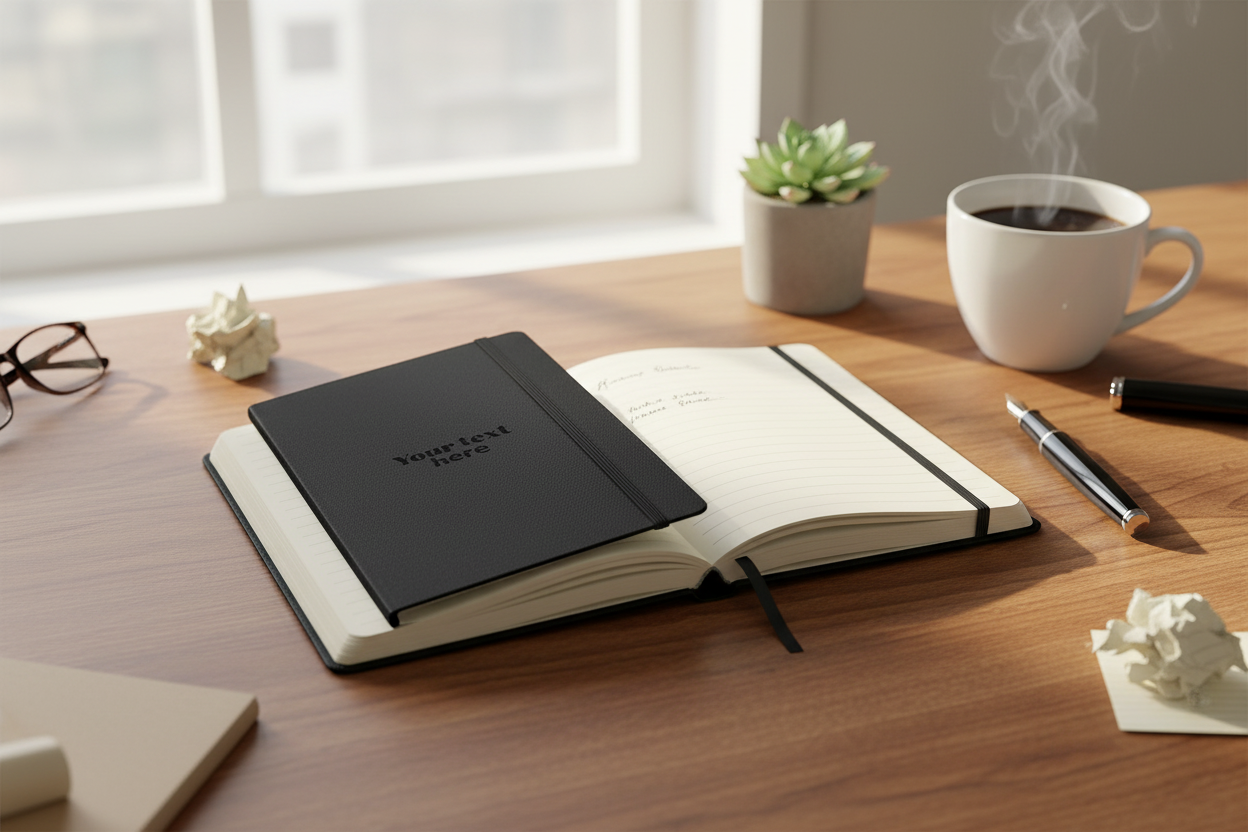 Custom printed hardcover notebook on a creative desk