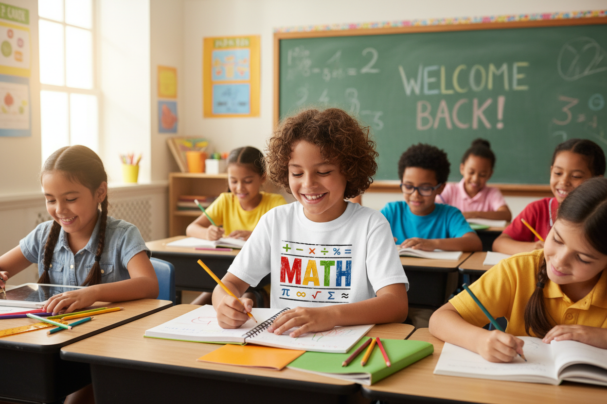 Kid in MATH tee at classroom desk