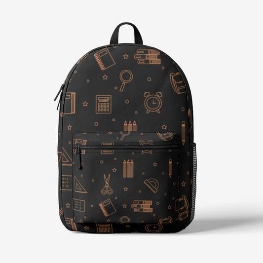 A black backpack with a orange school supplies pattern, featuring a front zippered pocket and top handle, shown against a light gray background.