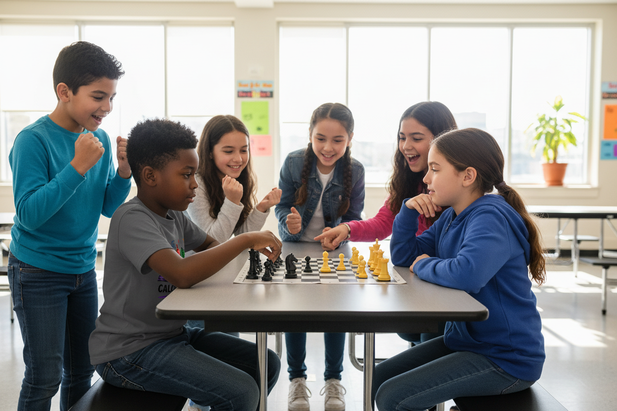 Black boy in charcoal Calculated Moves tee at chess table