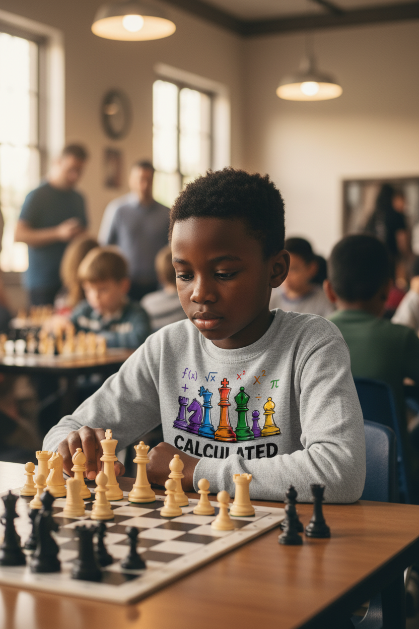 Black kid at chess board in Calculated Moves sweatshirt