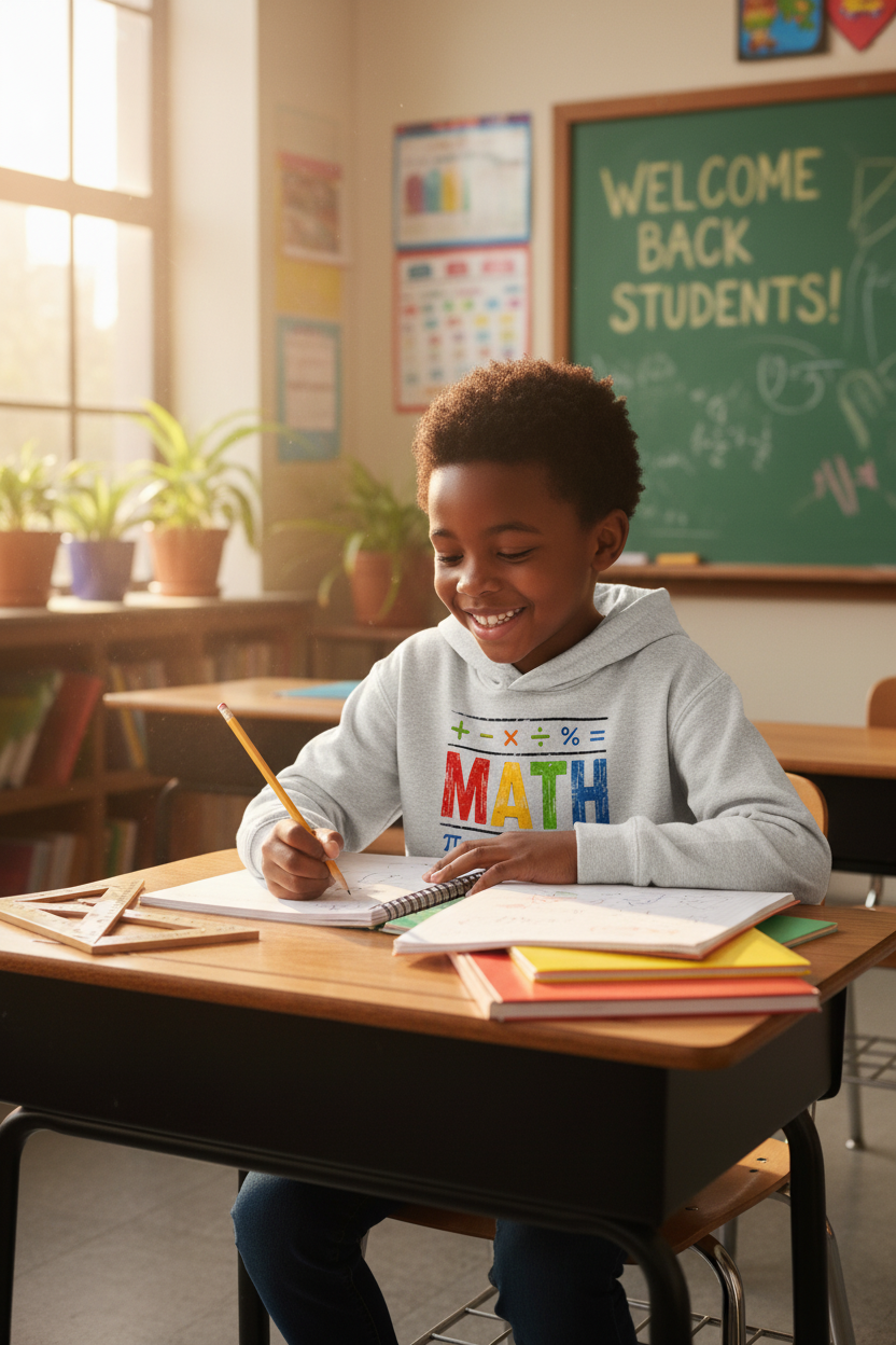 Black kid in MATH hoodie at classroom desk