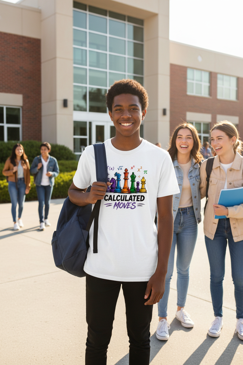 Black teen in Calculated Moves tee outside school