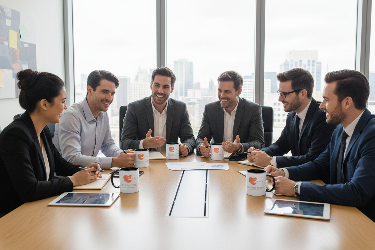 Boardroom meeting with branded mugs