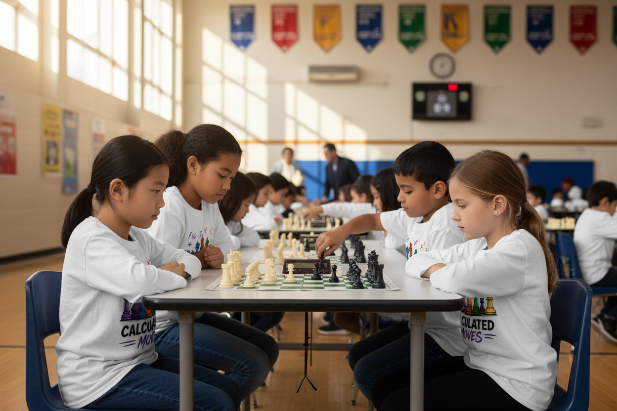 Chess team in matching Calculated Moves long sleeve shirts at tournament