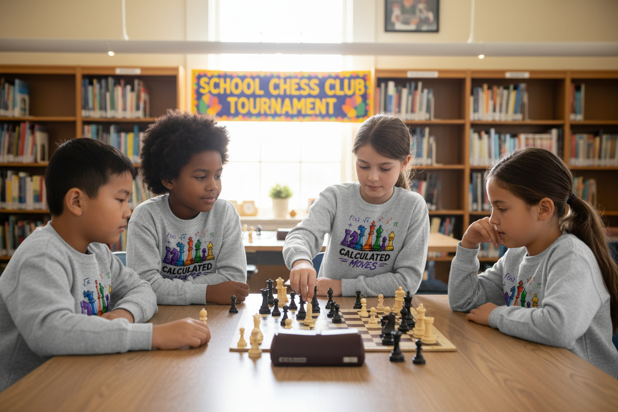 Chess team in matching Calculated Moves sweatshirts at tournament
