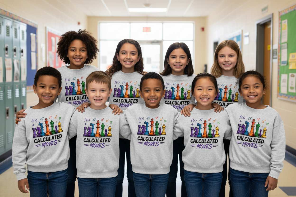 Chess team posing in matching Calculated Moves sweatshirts