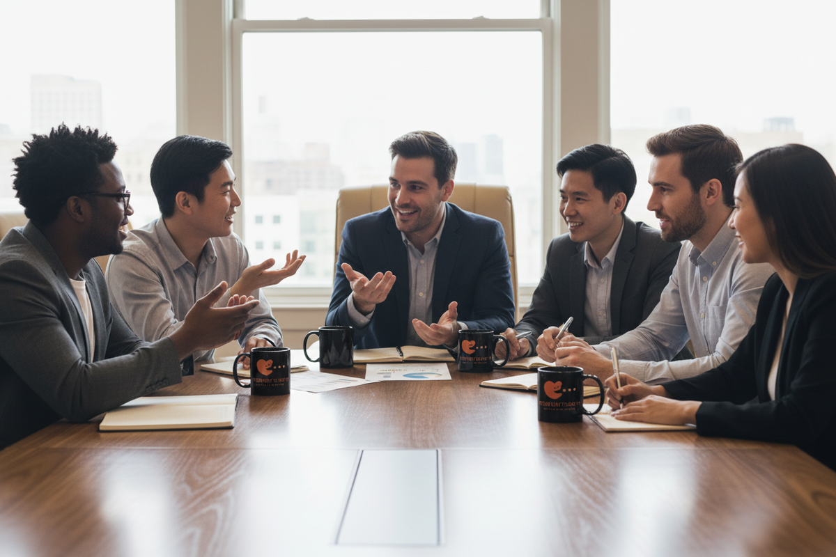 Diverse boardroom with black branded mugs