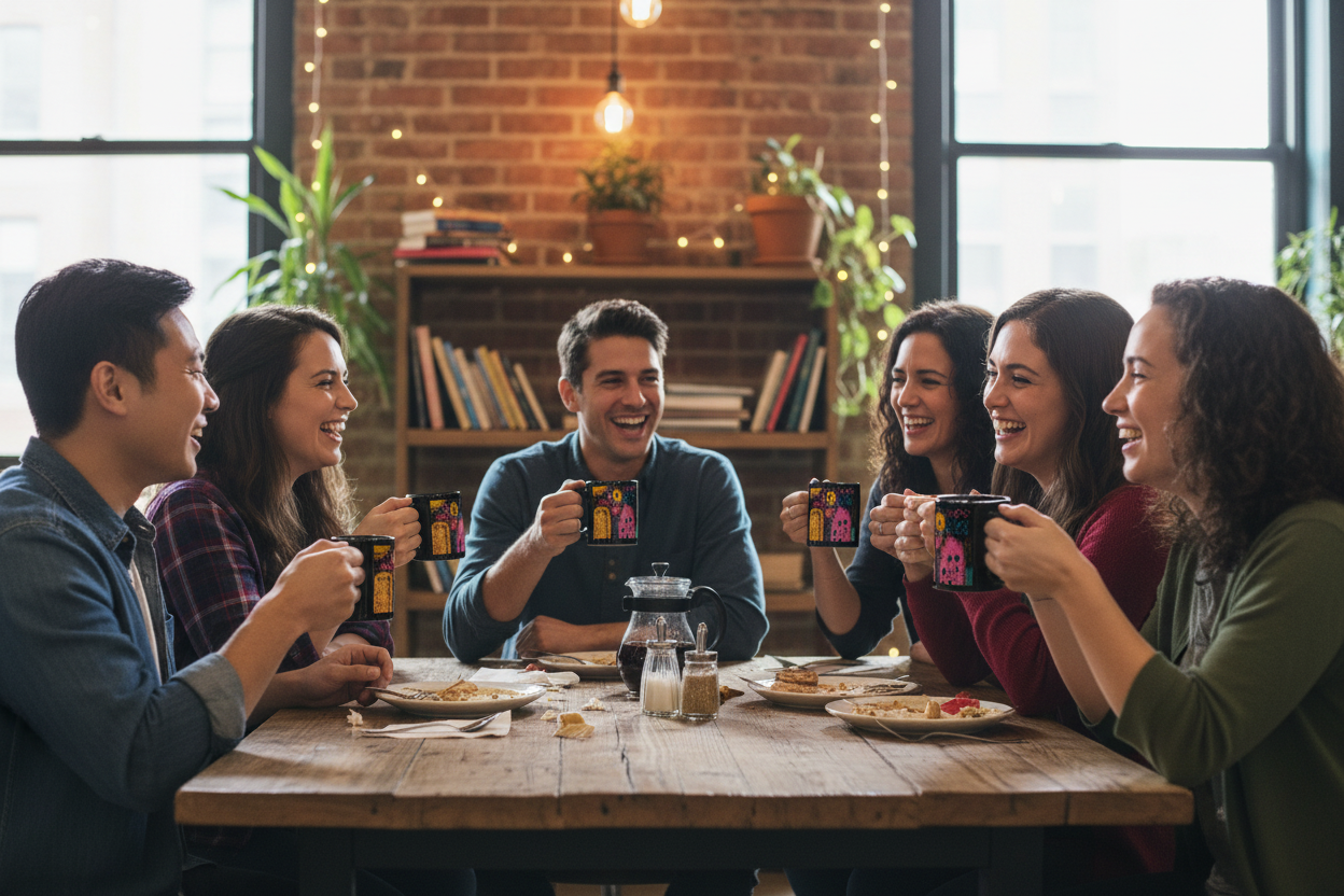 Diverse cafe group with panoramic art mug