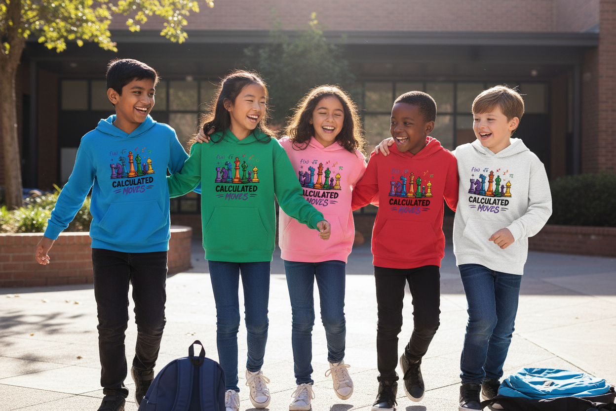 Diverse kids in colorful Calculated Moves hoodies in school courtyard