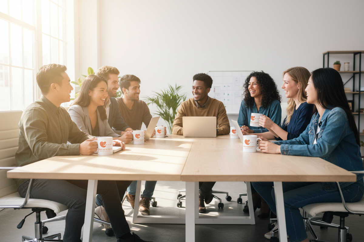 Diverse office group with white branded mugs