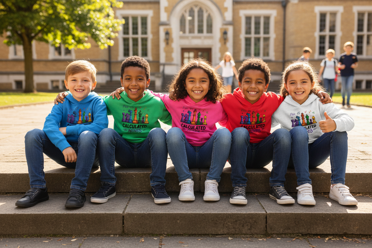 Five kids on school steps in colorful Calculated Moves hoodies