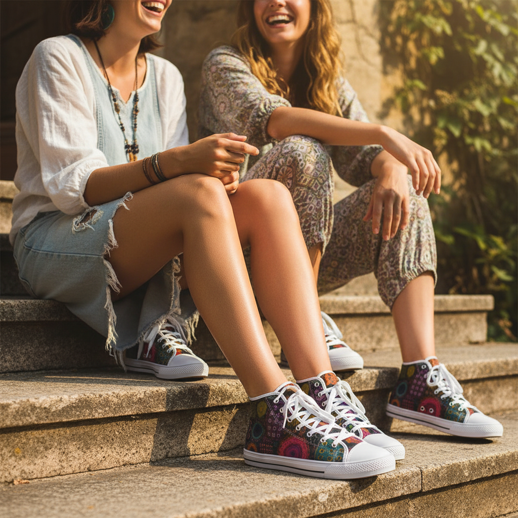Friends on steps wearing boho mandala high top shoes