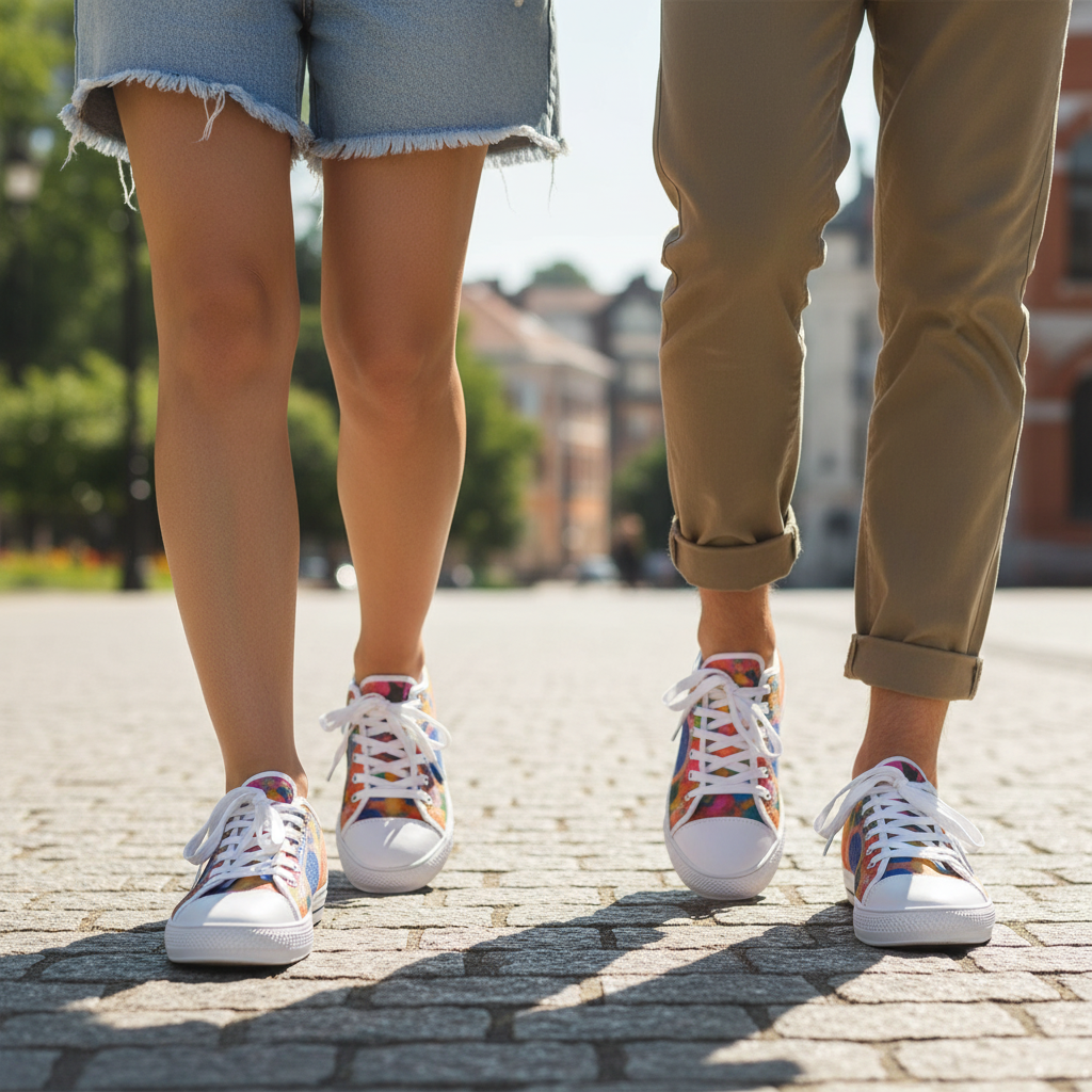 Friends wearing watercolor canvas shoes
