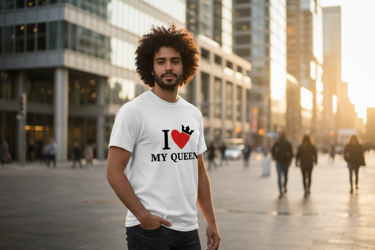 Man wearing custom printed t-shirt on urban city street