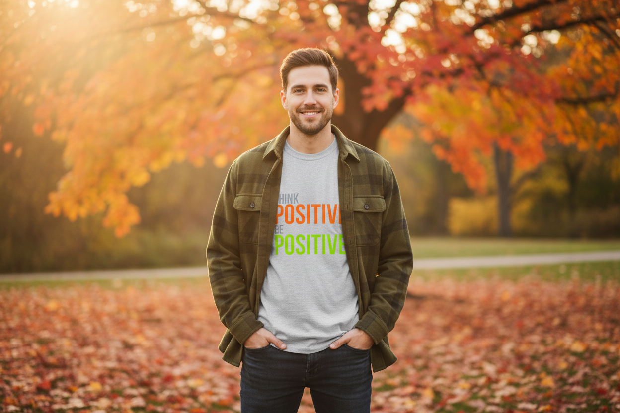 Man wearing custom printed long sleeve t-shirt outdoors in autumn