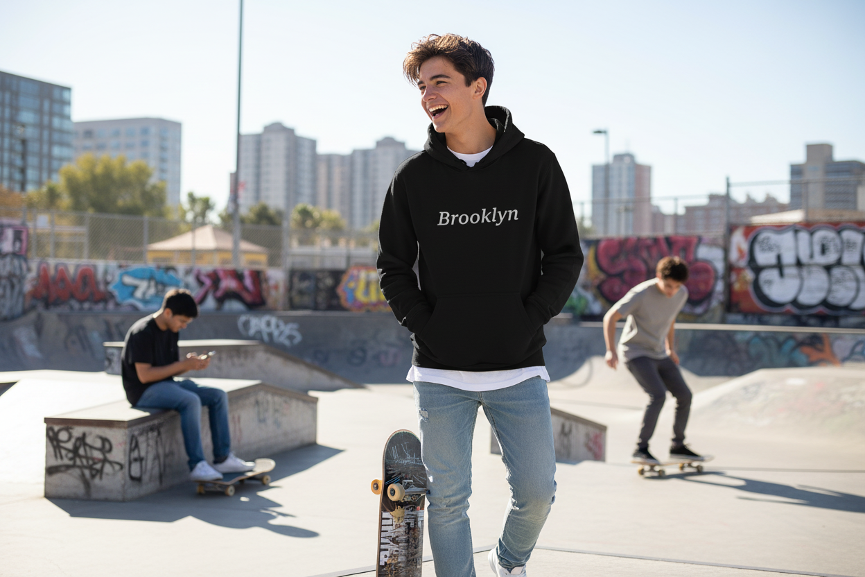 Teenager wearing custom printed hoodie at skate park
