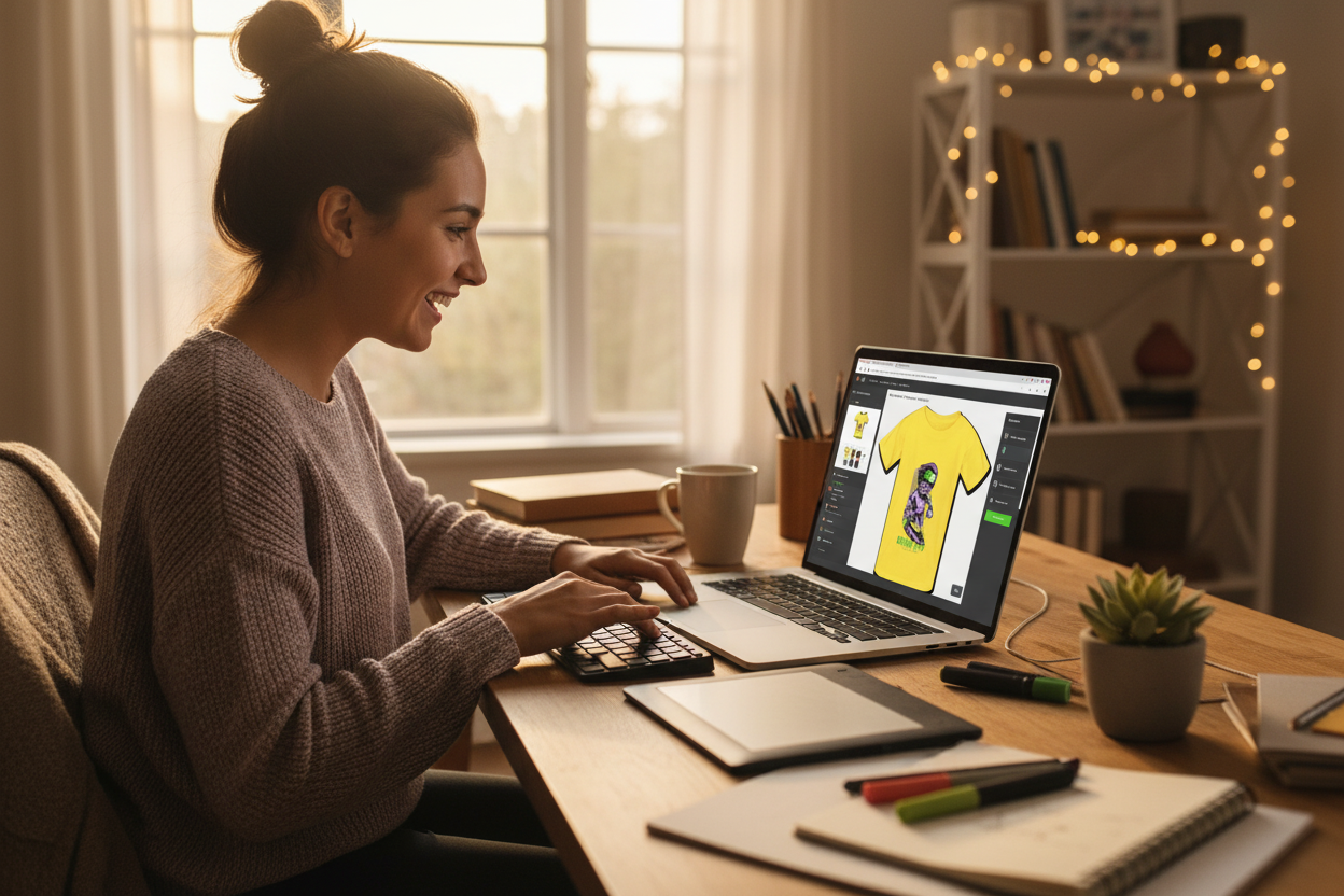 Person designing their custom t-shirt on a laptop at home