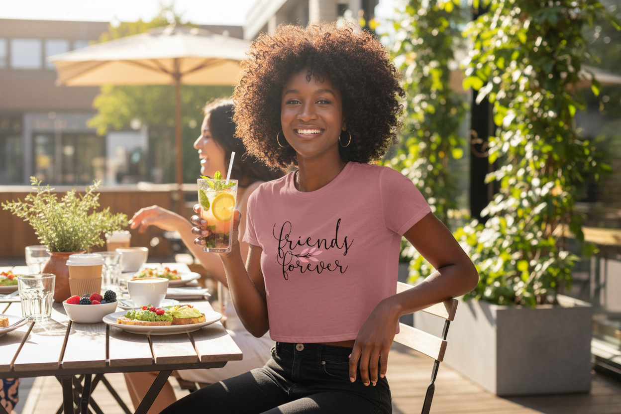 Women's cropped t-shirt at outdoor brunch