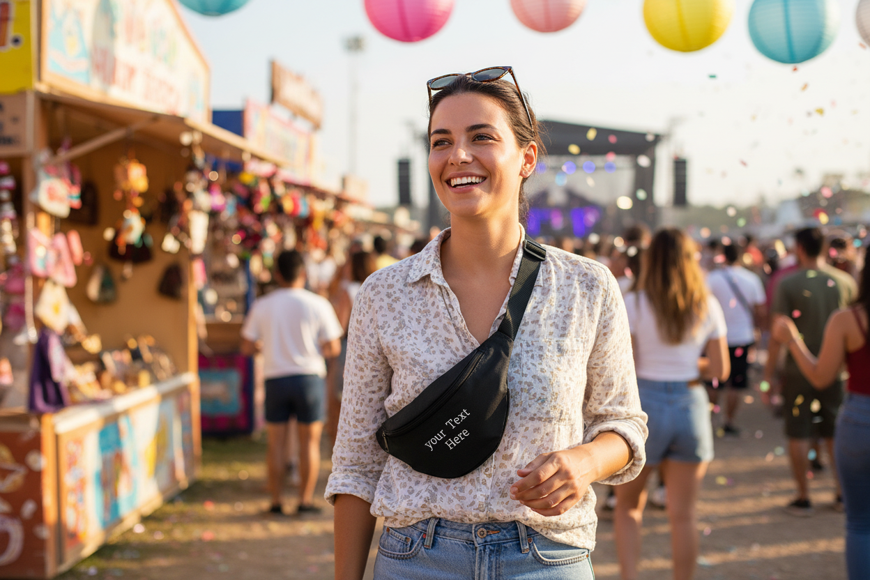 Custom printed fanny pack worn cross-body at outdoor festival