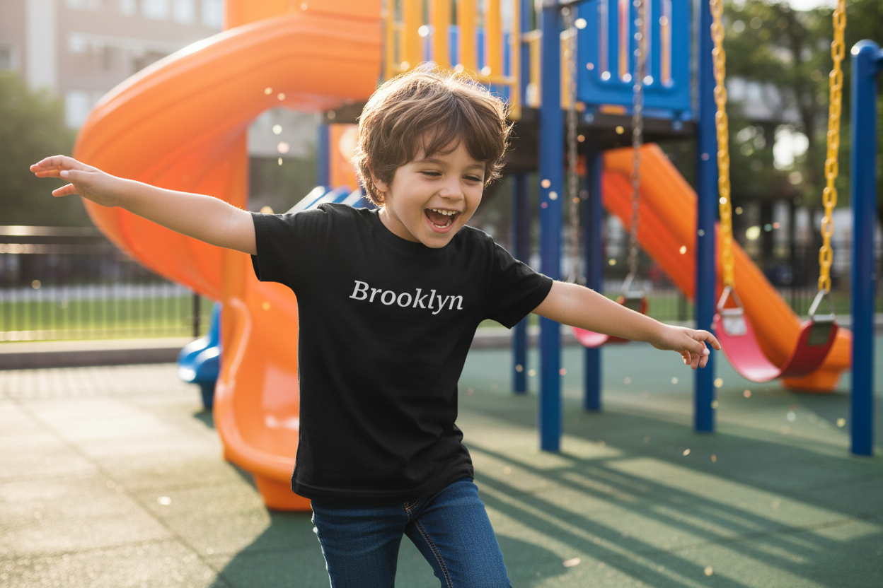 Kid wearing custom printed classic t-shirt at playground
