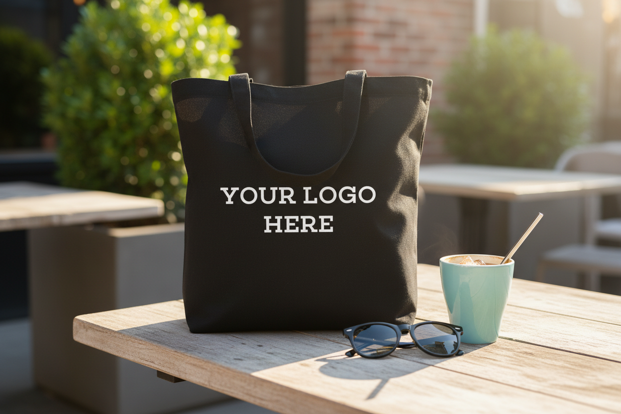Custom printed canvas tote bag at sunny outdoor cafe