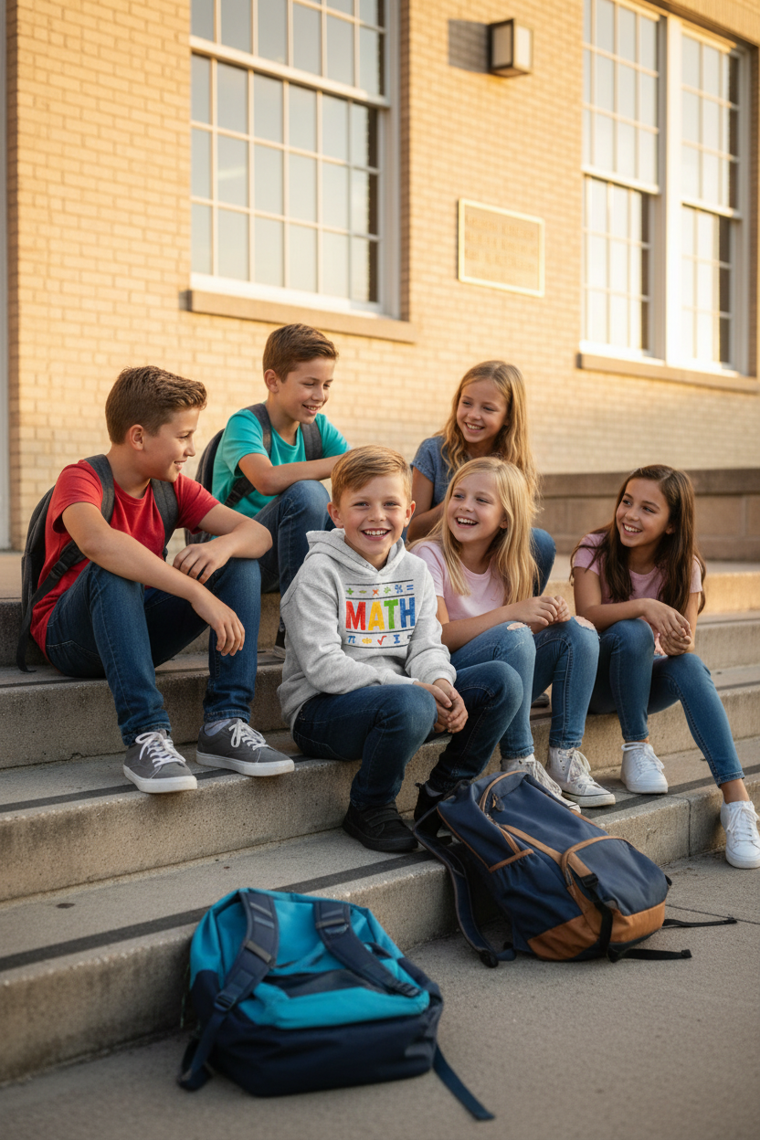 Kid in MATH hoodie on school steps with friends