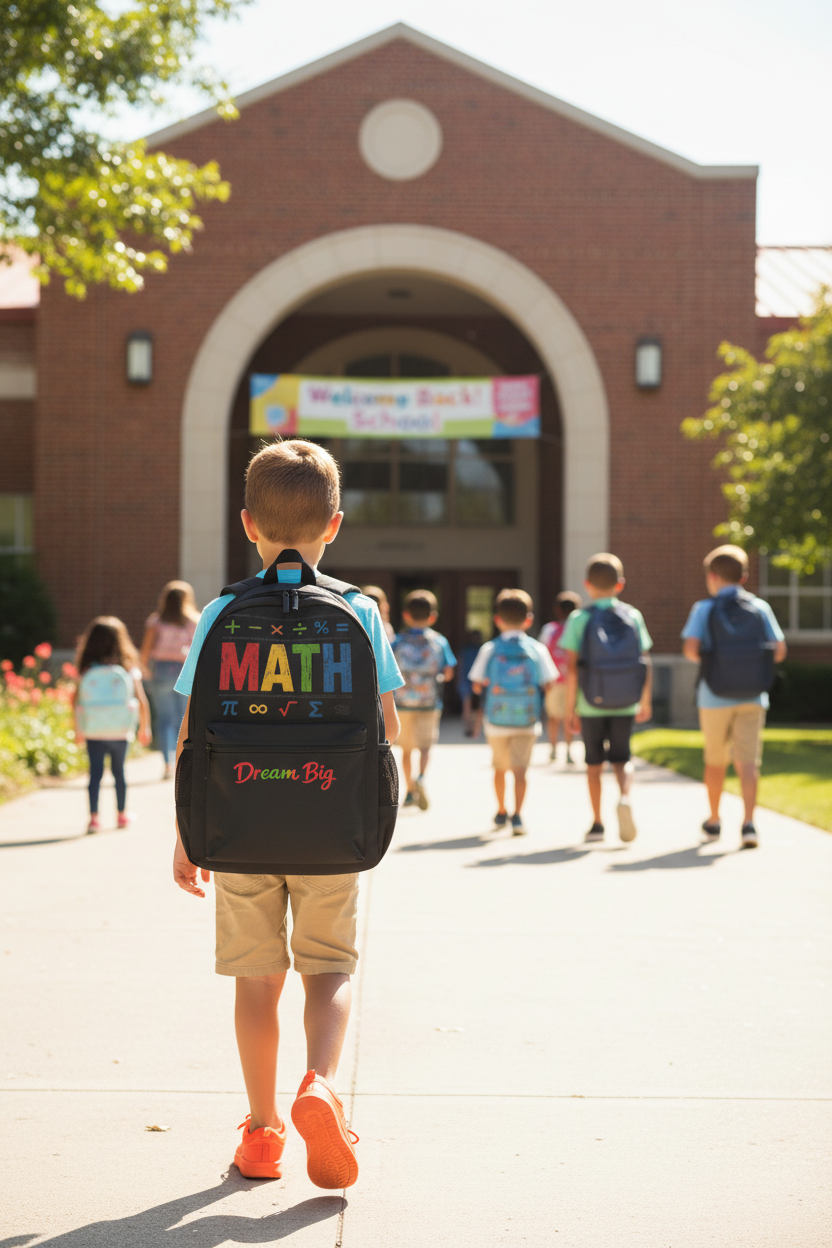 Kid wearing Math Dream Big backpack