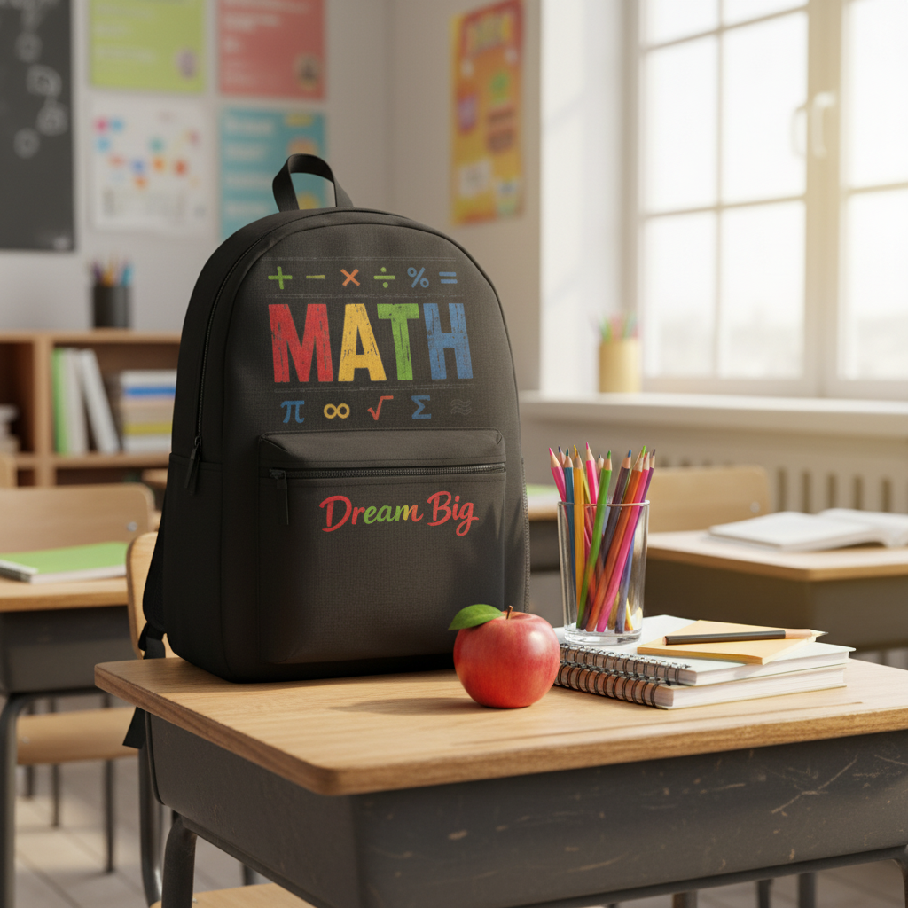 Math backpack on school desk