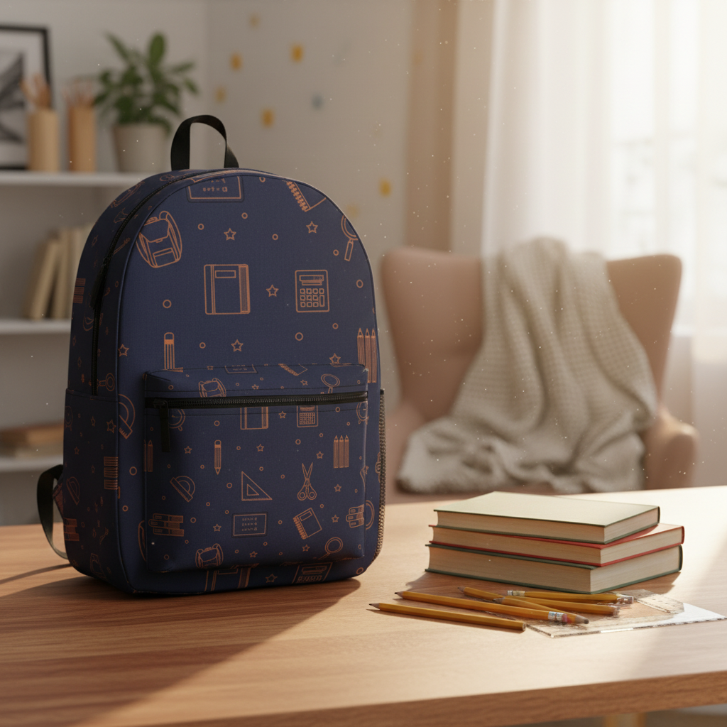 Navy backpack on desk with school supplies