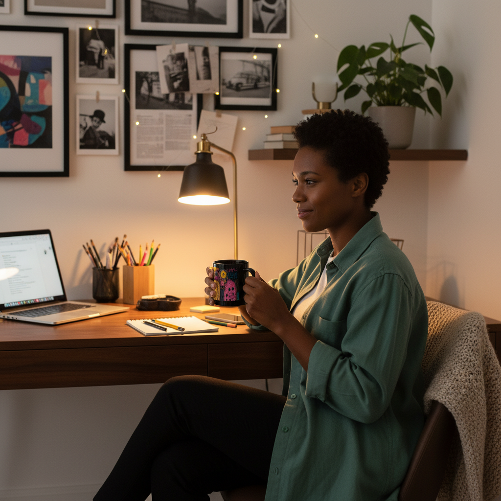 Person at creative desk with panoramic art mug