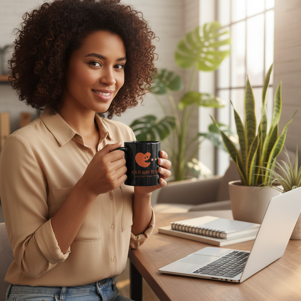 Person holding black branded mug