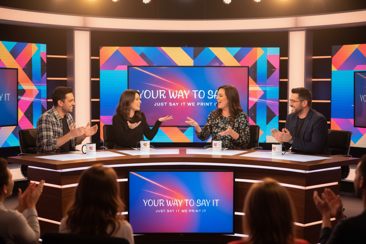 Talk show panel with branded mugs