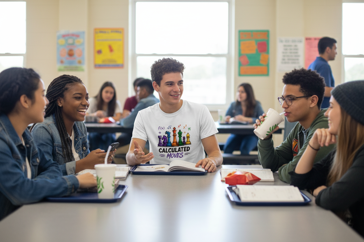 Teen in Calculated Moves tee at school cafeteria