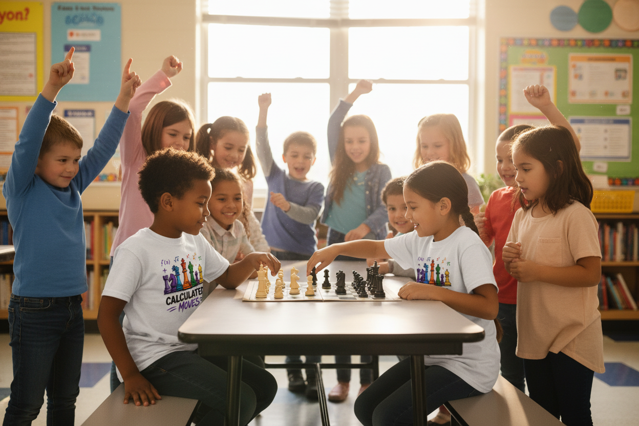 Two kids in Calculated Moves shirts playing chess with friends watching