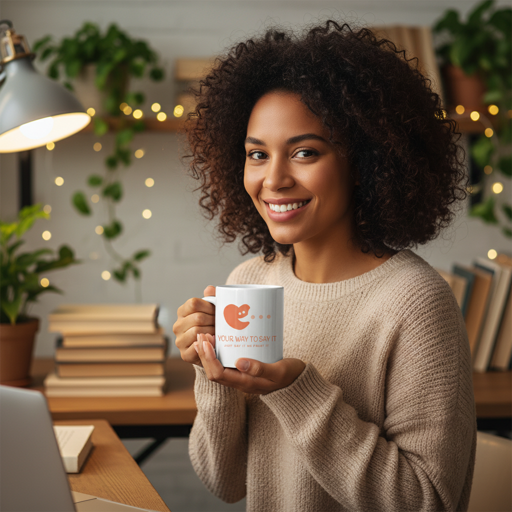 Woman holding white branded coffee mug