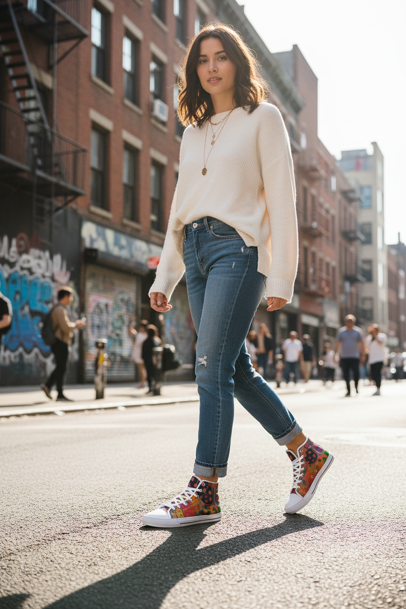 Woman wearing colorful high top canvas shoes