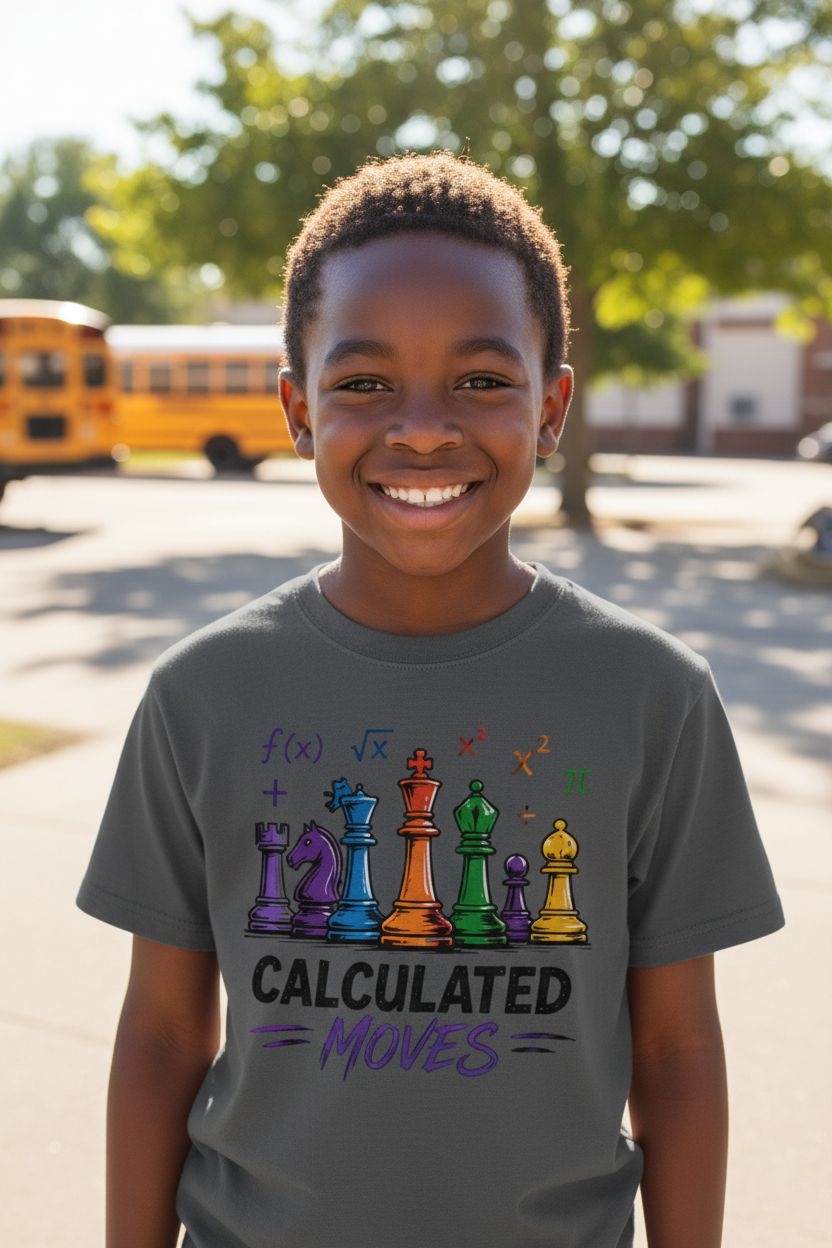 Young Black child in charcoal Calculated Moves tee