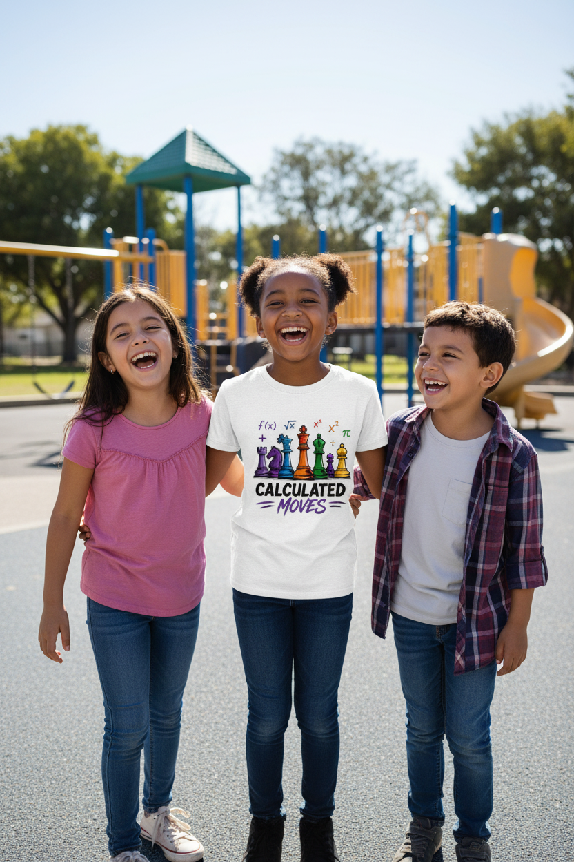 Young Black girl in Calculated Moves shirt with friends on playground
